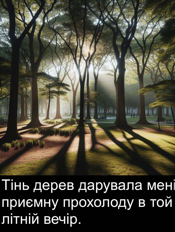 дарувала: Тінь дерев дарувала мені приємну прохолоду в той літній вечір.