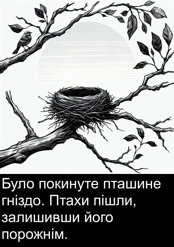 пішли: Було покинуте пташине гніздо. Птахи пішли, залишивши його порожнім.