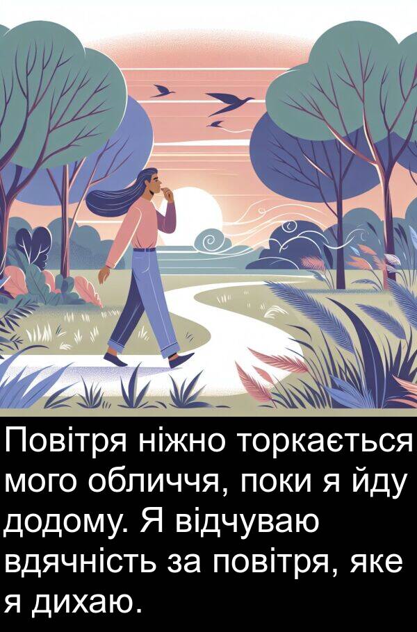 дихаю: Повітря ніжно торкається мого обличчя, поки я йду додому. Я відчуваю вдячність за повітря, яке я дихаю.