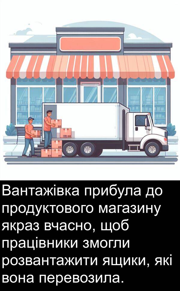 магазину: Вантажівка прибула до продуктового магазину якраз вчасно, щоб працівники змогли розвантажити ящики, які вона перевозила.