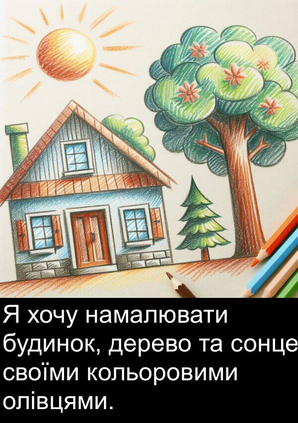 дерево: Я хочу намалювати будинок, дерево та сонце своїми кольоровими олівцями.