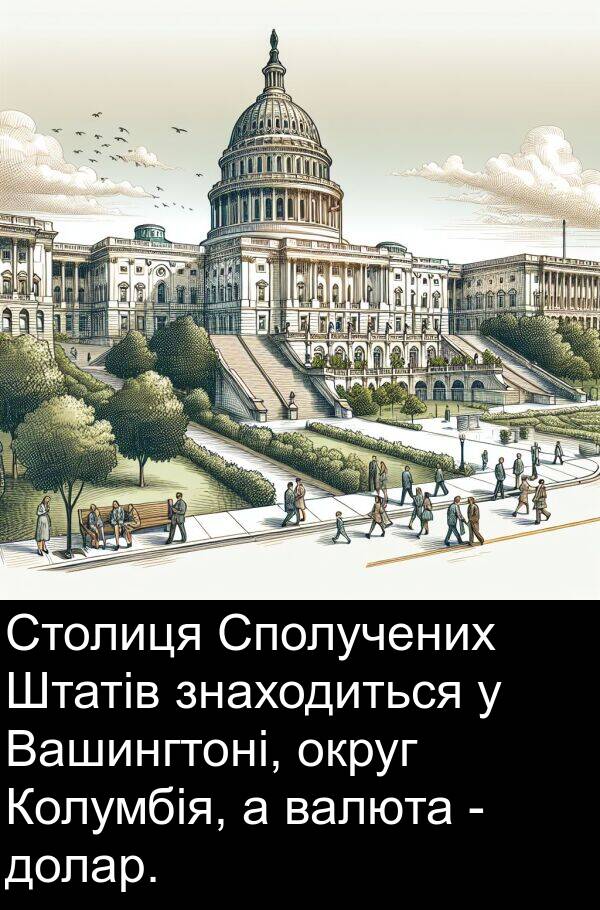 округ: Столиця Сполучених Штатів знаходиться у Вашингтоні, округ Колумбія, а валюта - долар.