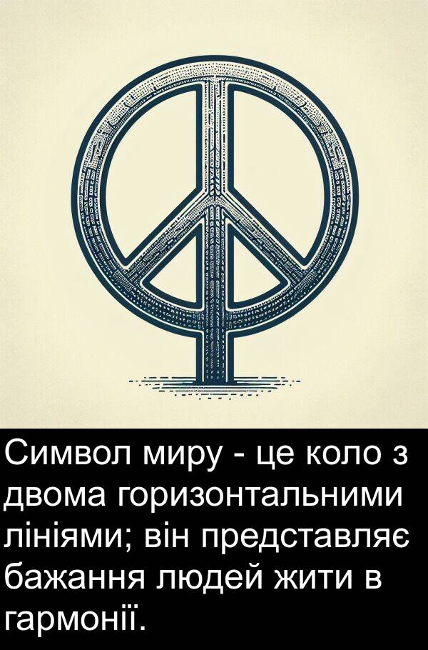 двома: Символ миру - це коло з двома горизонтальними лініями; він представляє бажання людей жити в гармонії.