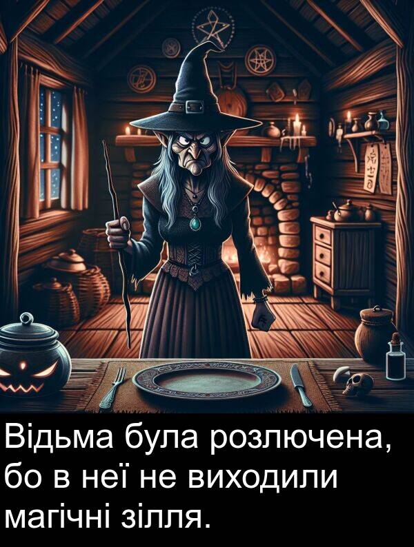 зілля: Відьма була розлючена, бо в неї не виходили магічні зілля.