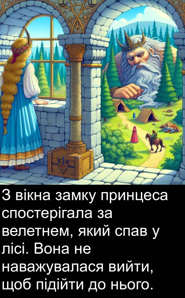 замку: З вікна замку принцеса спостерігала за велетнем, який спав у лісі. Вона не наважувалася вийти, щоб підійти до нього.