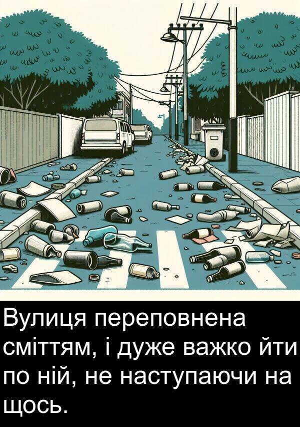 щось: Вулиця переповнена сміттям, і дуже важко йти по ній, не наступаючи на щось.