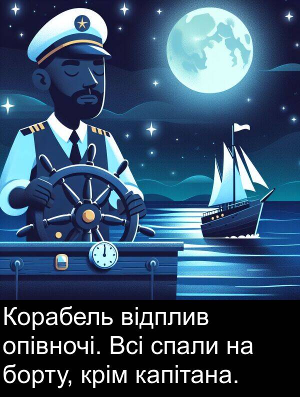 відплив: Корабель відплив опівночі. Всі спали на борту, крім капітана.