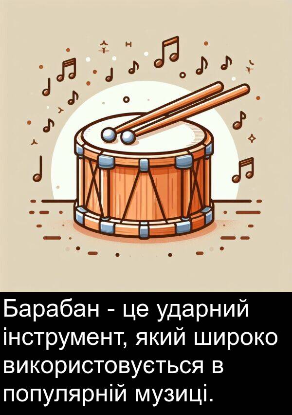 широко: Барабан - це ударний інструмент, який широко використовується в популярній музиці.