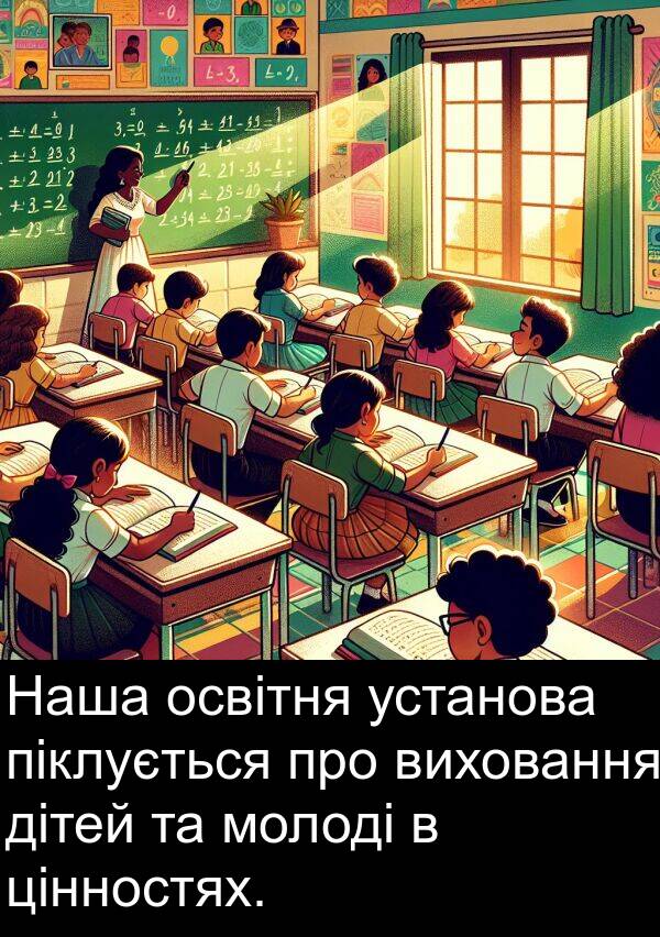 піклується: Наша освітня установа піклується про виховання дітей та молоді в цінностях.