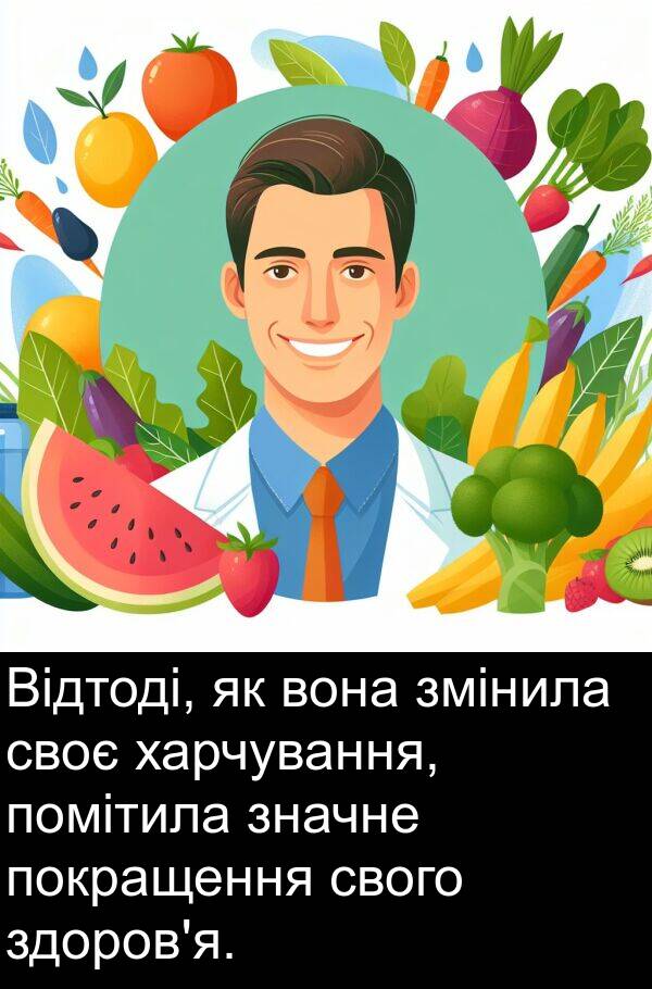 свого: Відтоді, як вона змінила своє харчування, помітила значне покращення свого здоров'я.