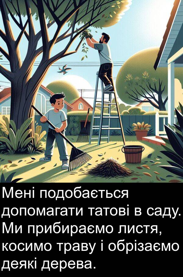 дерева: Мені подобається допомагати татові в саду. Ми прибираємо листя, косимо траву і обрізаємо деякі дерева.