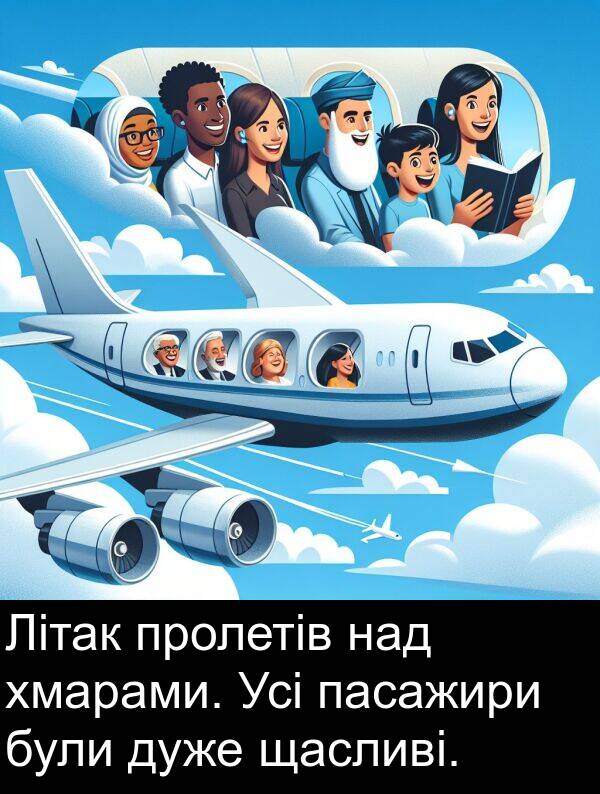 пасажири: Літак пролетів над хмарами. Усі пасажири були дуже щасливі.