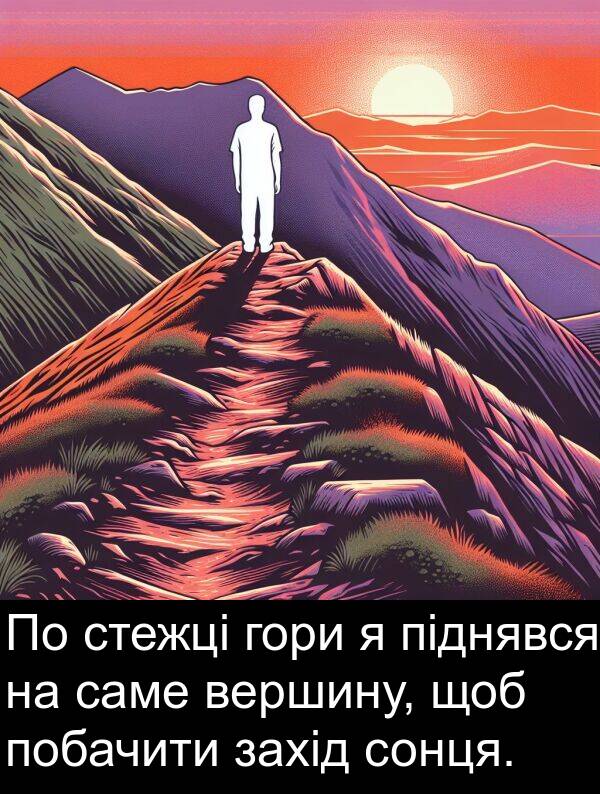 піднявся: По стежці гори я піднявся на саме вершину, щоб побачити захід сонця.