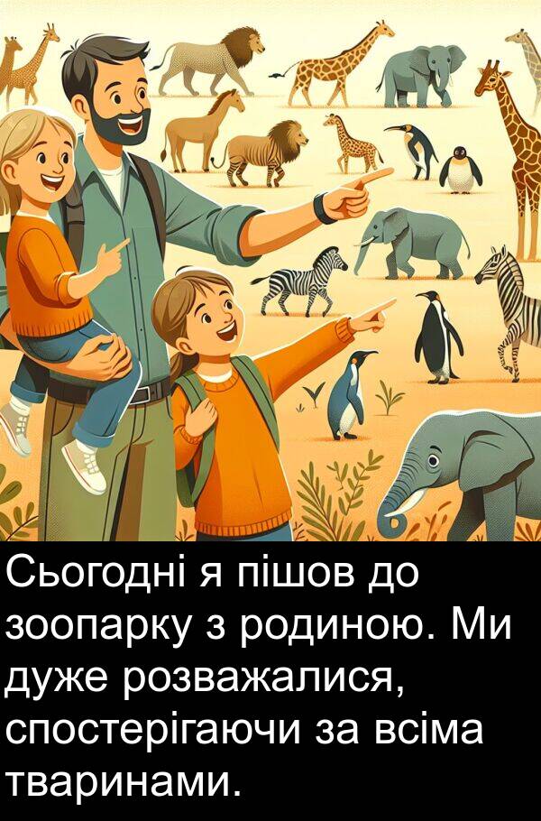 пішов: Сьогодні я пішов до зоопарку з родиною. Ми дуже розважалися, спостерігаючи за всіма тваринами.