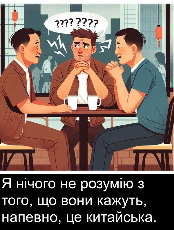 кажуть: Я нічого не розумію з того, що вони кажуть, напевно, це китайська.