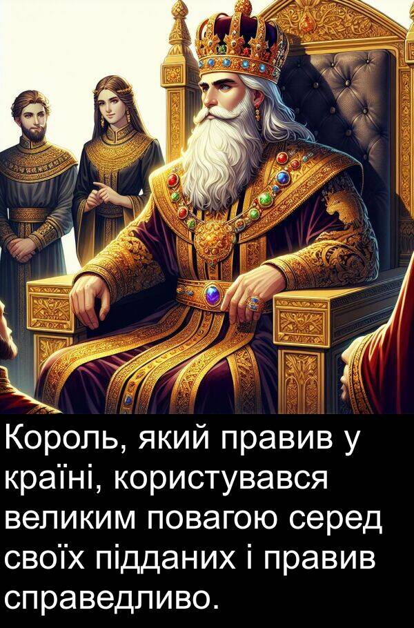 підданих: Король, який правив у країні, користувався великим повагою серед своїх підданих і правив справедливо.