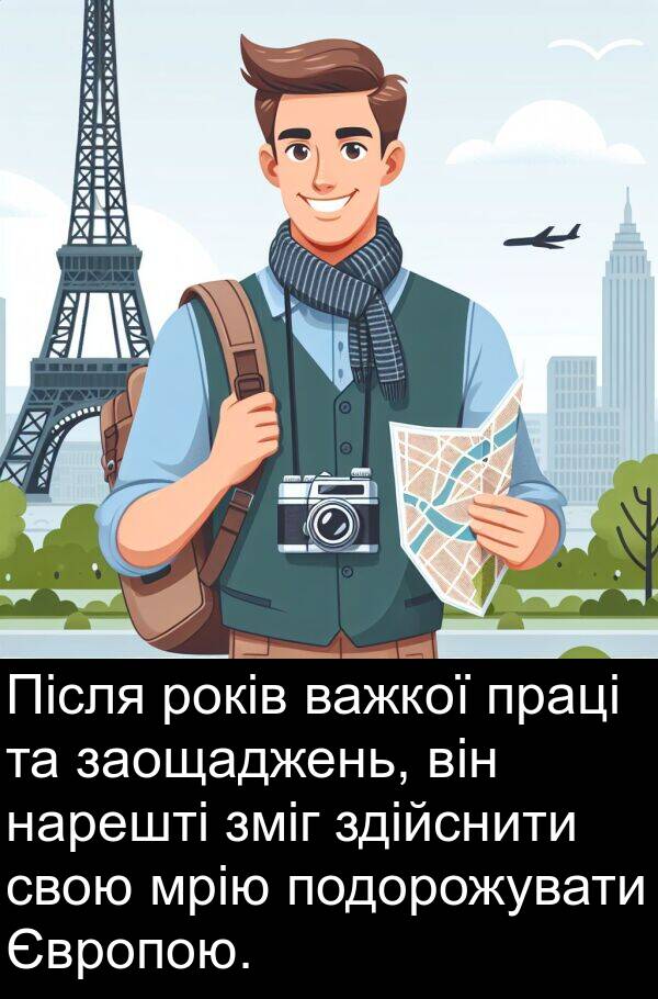 заощаджень: Після років важкої праці та заощаджень, він нарешті зміг здійснити свою мрію подорожувати Європою.