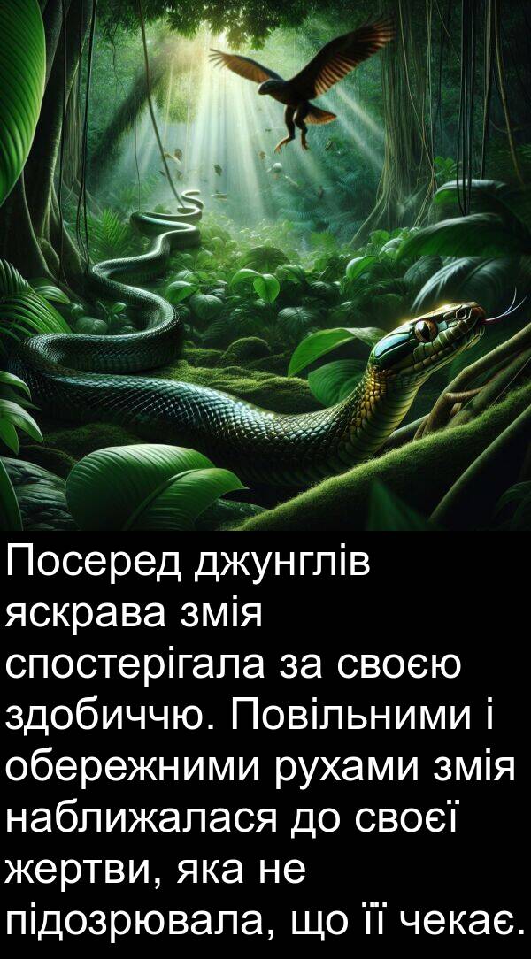 джунглів: Посеред джунглів яскрава змія спостерігала за своєю здобиччю. Повільними і обережними рухами змія наближалася до своєї жертви, яка не підозрювала, що її чекає.