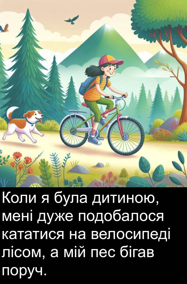 мій: Коли я була дитиною, мені дуже подобалося кататися на велосипеді лісом, а мій пес бігав поруч.