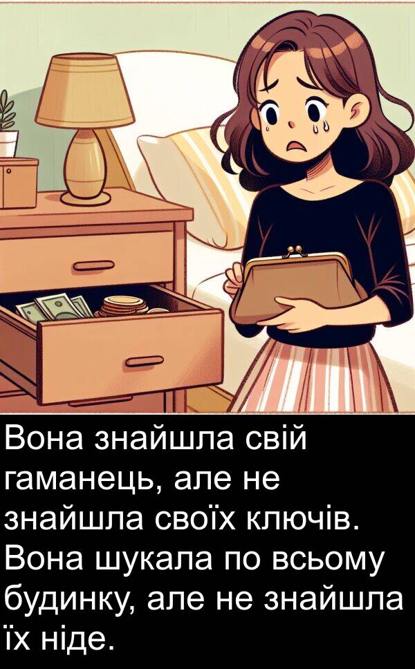 ключів: Вона знайшла свій гаманець, але не знайшла своїх ключів. Вона шукала по всьому будинку, але не знайшла їх ніде.