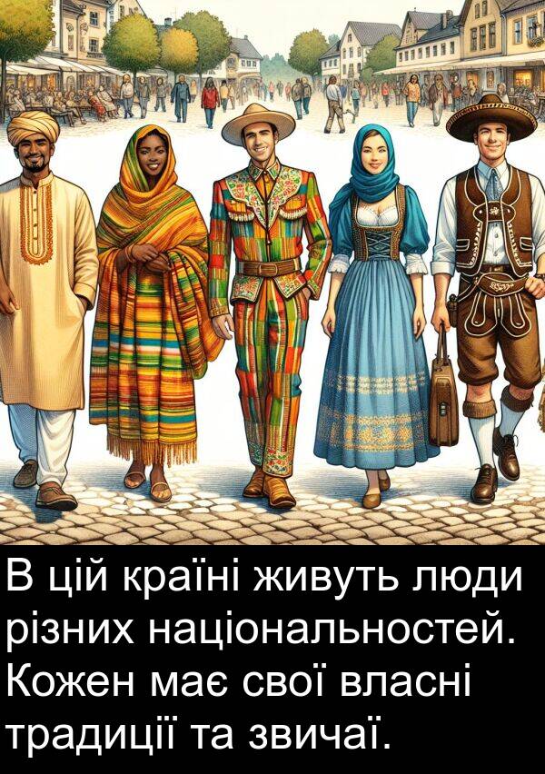 різних: В цій країні живуть люди різних національностей. Кожен має свої власні традиції та звичаї.