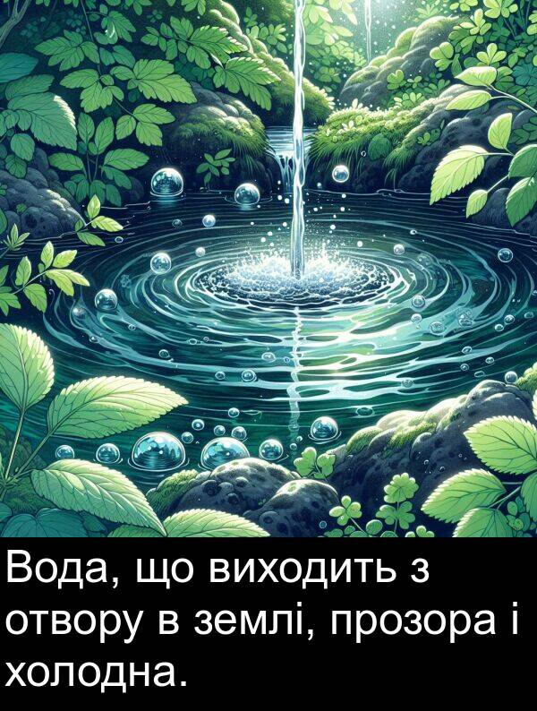 холодна: Вода, що виходить з отвору в землі, прозора і холодна.