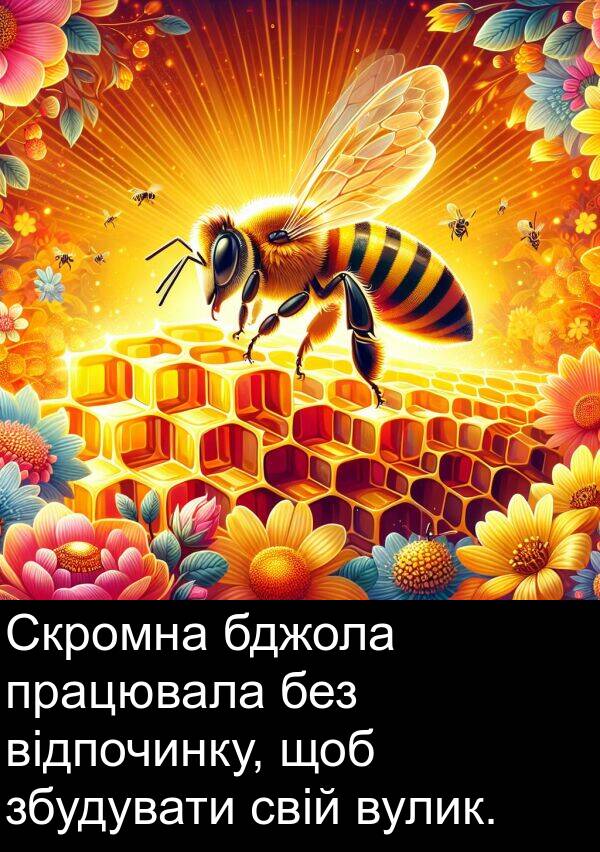 без: Скромна бджола працювала без відпочинку, щоб збудувати свій вулик.