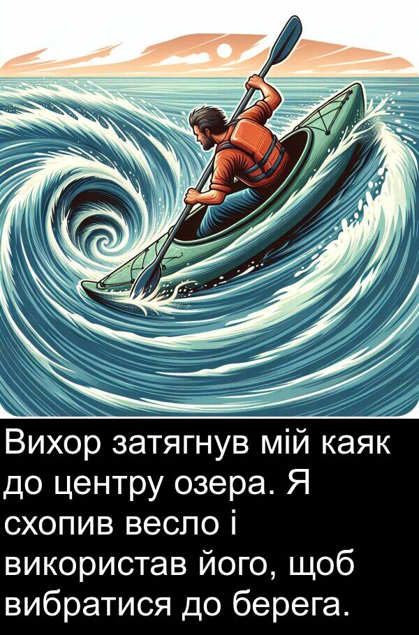 мій: Вихор затягнув мій каяк до центру озера. Я схопив весло і використав його, щоб вибратися до берега.