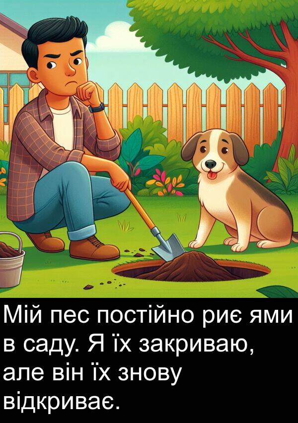 закриваю: Мій пес постійно риє ями в саду. Я їх закриваю, але він їх знову відкриває.