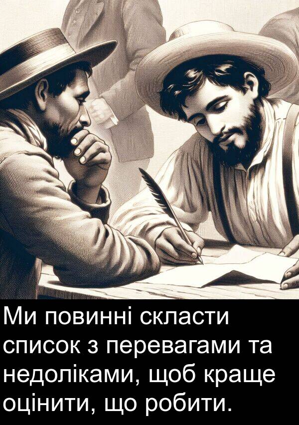 робити: Ми повинні скласти список з перевагами та недоліками, щоб краще оцінити, що робити.