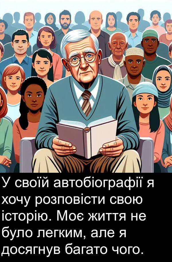 автобіографії: У своїй автобіографії я хочу розповісти свою історію. Моє життя не було легким, але я досягнув багато чого.