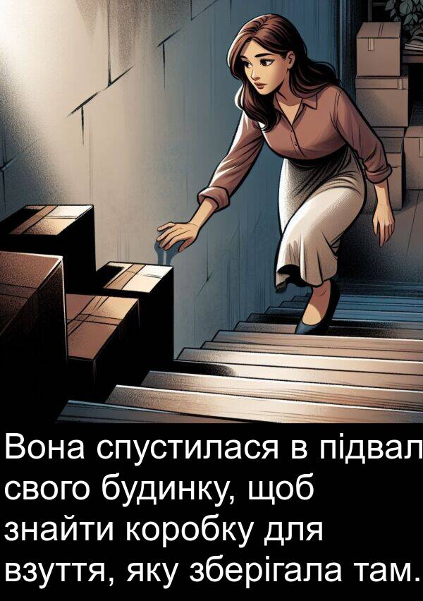 підвал: Вона спустилася в підвал свого будинку, щоб знайти коробку для взуття, яку зберігала там.