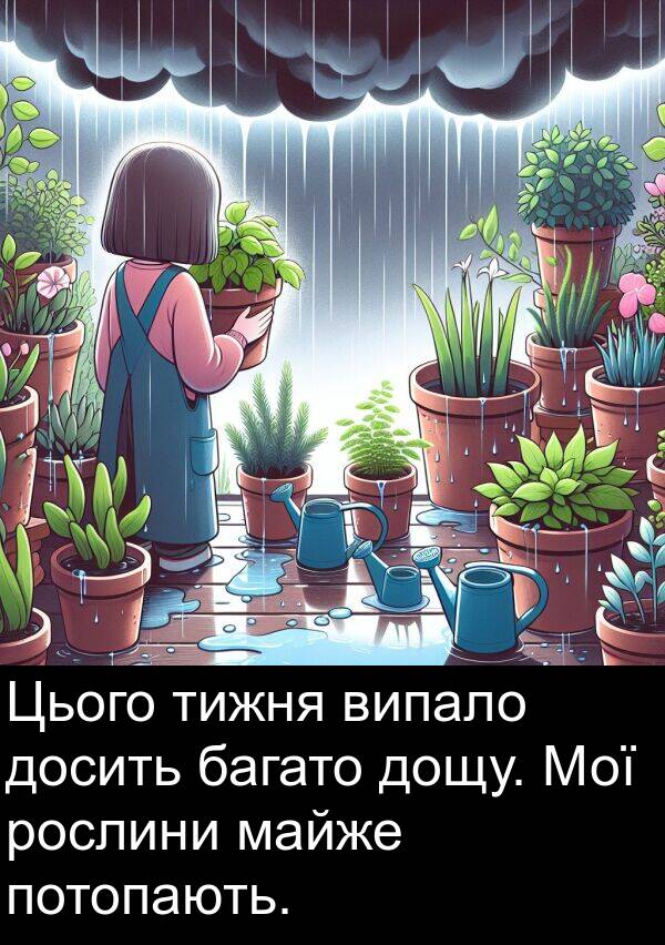 майже: Цього тижня випало досить багато дощу. Мої рослини майже потопають.