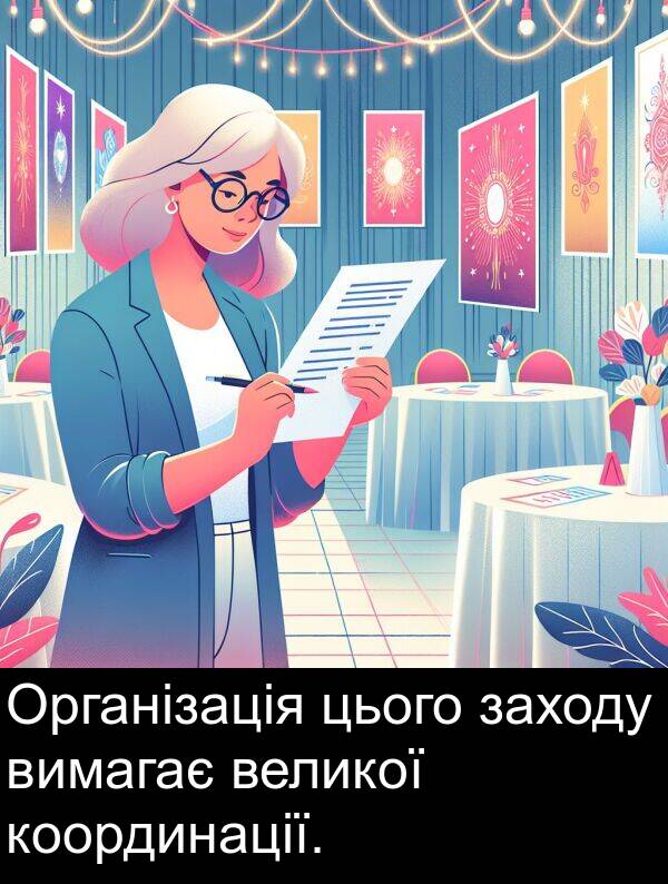 цього: Організація цього заходу вимагає великої координації.