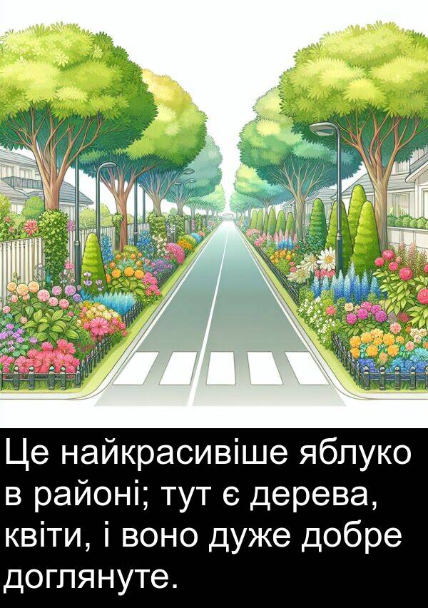 дерева: Це найкрасивіше яблуко в районі; тут є дерева, квіти, і воно дуже добре доглянуте.