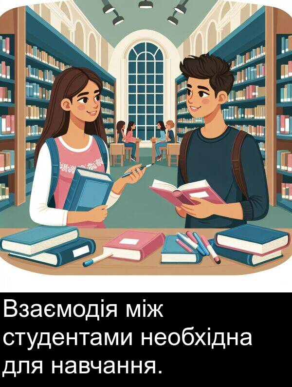 між: Взаємодія між студентами необхідна для навчання.