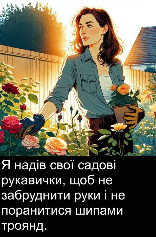 шипами: Я надів свої садові рукавички, щоб не забруднити руки і не поранитися шипами троянд.