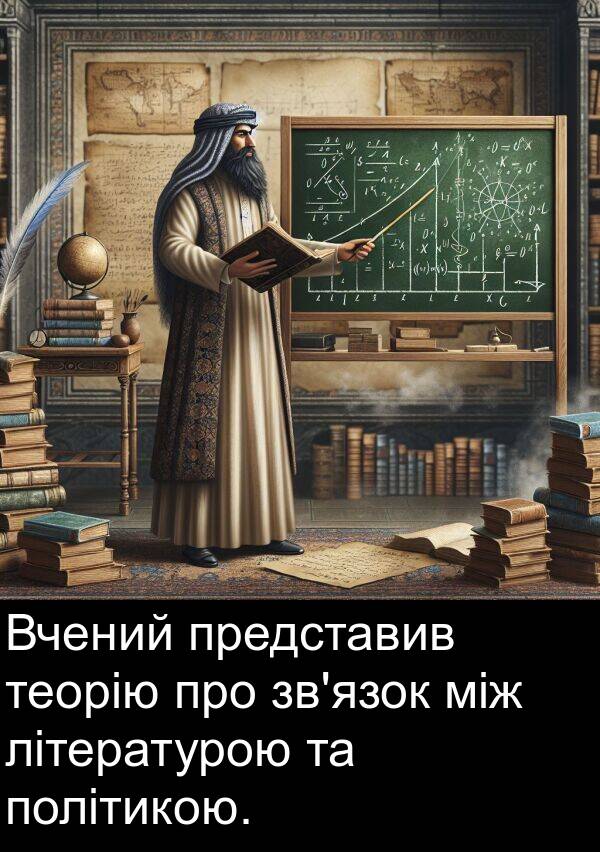 між: Вчений представив теорію про зв'язок між літературою та політикою.