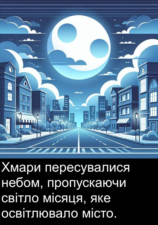 місто: Хмари пересувалися небом, пропускаючи світло місяця, яке освітлювало місто.
