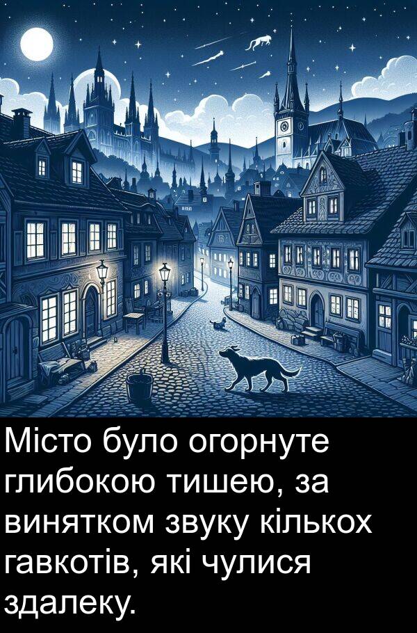 тишею: Місто було огорнуте глибокою тишею, за винятком звуку кількох гавкотів, які чулися здалеку.