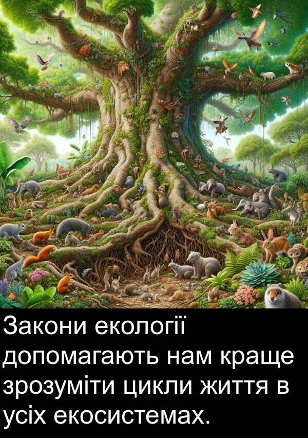 екосистемах: Закони екології допомагають нам краще зрозуміти цикли життя в усіх екосистемах.