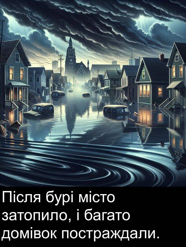 місто: Після бурі місто затопило, і багато домівок постраждали.