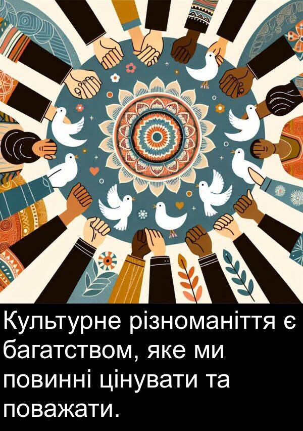 різноманіття: Культурне різноманіття є багатством, яке ми повинні цінувати та поважати.