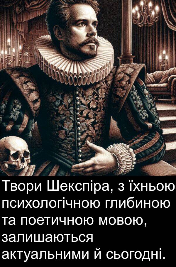 актуальними: Твори Шекспіра, з їхньою психологічною глибиною та поетичною мовою, залишаються актуальними й сьогодні.