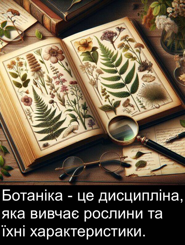 дисципліна: Ботаніка - це дисципліна, яка вивчає рослини та їхні характеристики.