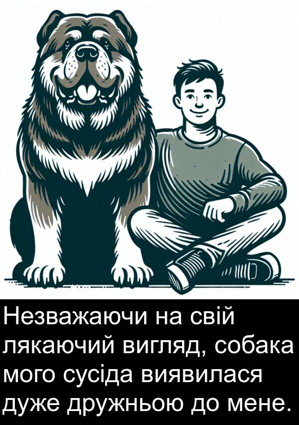 лякаючий: Незважаючи на свій лякаючий вигляд, собака мого сусіда виявилася дуже дружньою до мене.