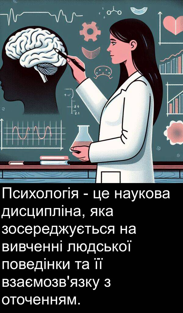 дисципліна: Психологія - це наукова дисципліна, яка зосереджується на вивченні людської поведінки та її взаємозв'язку з оточенням.