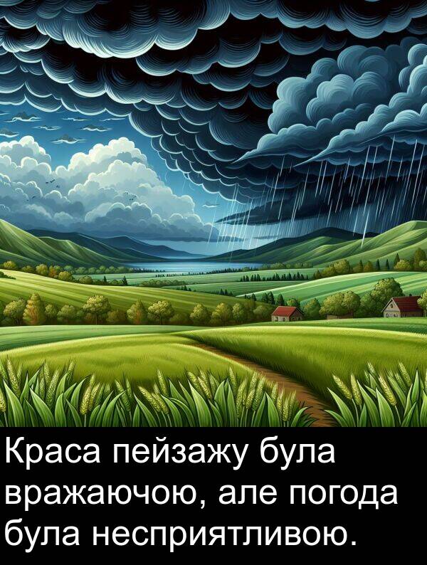 але: Краса пейзажу була вражаючою, але погода була несприятливою.