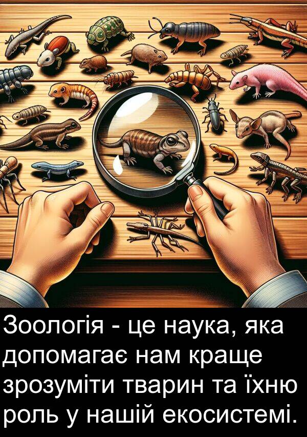 екосистемі: Зоологія - це наука, яка допомагає нам краще зрозуміти тварин та їхню роль у нашій екосистемі.