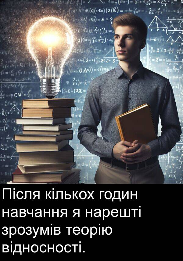 кількох: Після кількох годин навчання я нарешті зрозумів теорію відносності.